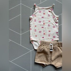 Modern moments|Baby girl/toddler neutral summer outfit,tan comfy shorts & onesie